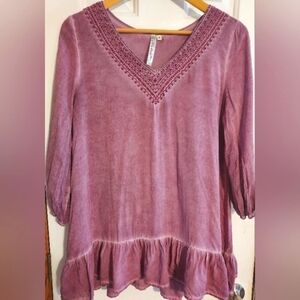 ANDREÈ Blue 3/4 Sleeve Peasant Style Top Blouse Size Small.